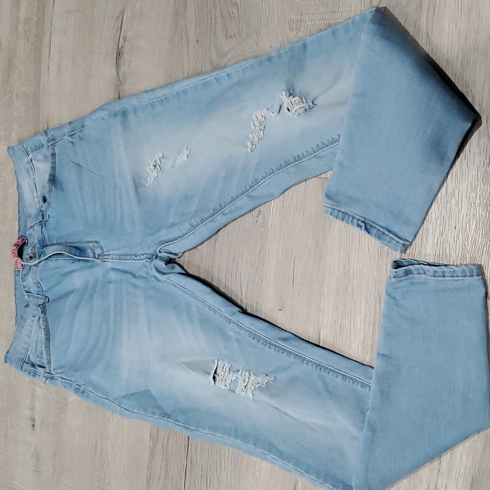 Women's High Rise Lightwash Distressed Skinny Jeans Denim sz 31
